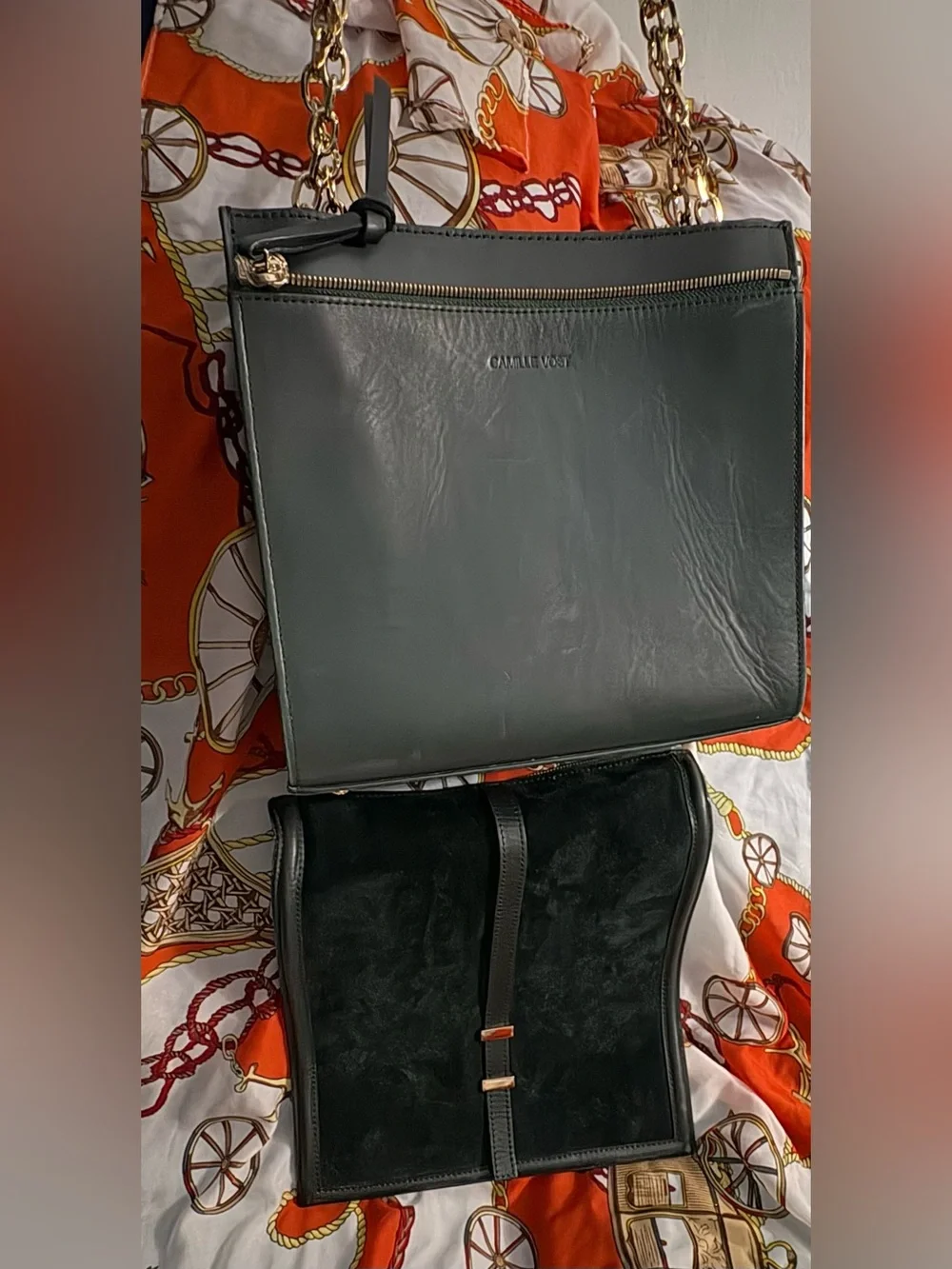Camille Vost Detached topDark Green Suede and leather crossbody with Gold accent